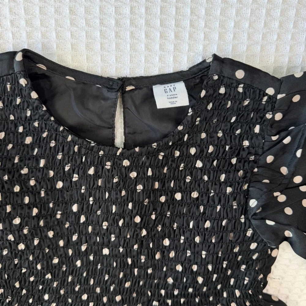 Baby Gap Toddler Girls Black Polka‎ Dot Satin Smocked Ruffle Dress 2 Years 2T